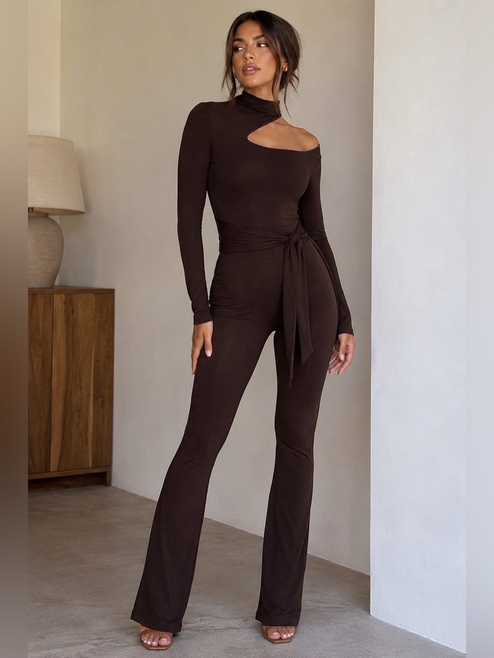 Aritzia Studio One Shoulder Brown Long-Sleeve Waist Tie Flare Jumpsuit XS